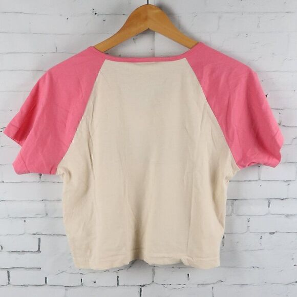 RAGGED JEANS PINK & IVORY CROPPED SHORT SLEEVE BASEBALL LOGO SHIRT SIZE MED - Picture 7 of 7